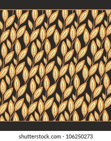 Floral vector pattern with woven golden spikes on black background