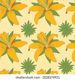Patrón vectorial floral de lirios amarillos con hojas verdes sobre un fondo beige. Ilustración perfecta para la impresión en tejidos, textiles, prendas de vestir, embalajes y papel.
