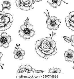 Floral vector pattern.Flowers in woodcut style