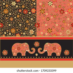 Modalidades vectoriales florales con flores de anís estrellado y adornos decorativos con elefantes florales, sobre fondo oscuro, estilo indonesio