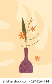 Afiche vectorial floral, estilo boho minimalista, formas transparentes dibujadas a mano de jarrón, rama, hoja, flor, monstera en lila, paleta naranja, fondo amarillo claro.