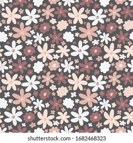 Floral vector repeat pattern with small pink and white flowers on dark grey background. Hand drawn style, pastel colors.