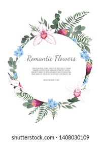 Floral vector round frame with orchid and garden flowers
