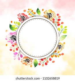 
Floral vector round frame with pink rose, hydrangea, carnation flowers, mixed plants and cute small robin bird. Half moon shape bouquets
