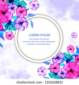 
Floral vector round frame with pink rose, hydrangea, carnation flowers, mixed plants and cute small robin bird. Half moon shape bouquets
