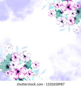 Floral vector round frame with pink rose, hydrangea, carnation flowers, mixed plants and cute small robin bird. Half moon shape bouquets