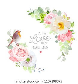 Floral vector round frame with pink rose, hydrangea, carnation flowers, white poppy, mixed plants and cute small robin bird. Half moon shape bouquets. All elements are isolated and editable.