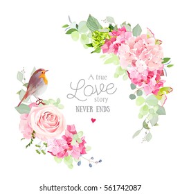 Floral Vector Round Frame With Pink Rose, Hydrangea, Carnation Flowers, Mixed Plants And Cute Small Robin Bird. Half Moon Shape Bouquets. All Elements Are Isolated And Editable.