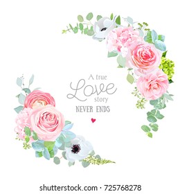 Floral vector round frame with pink rose, hydrangea, camellia, white anemone flowers, eucalyptus, ranunculus, green mixed plants. Half moon shape bouquets. All elements are isolated and editable.