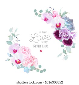 Floral vector round frame of purple orchid, pink rose, hydrangea, campanula flowers,carnation, succulent,eucalyptus.Half moon shape bouquet.Wedding modern design.All elements are isolated and editable