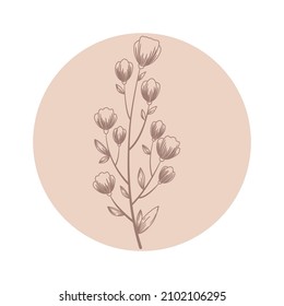 Floral vector round icon with abstract hand drawn branch and flowers isolated on white background. Design for beauty and cosmetic branding, highlight covers of social media stories, logo