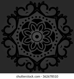 Floral vector round pattern with black arabesques. Abstract oriental ornament