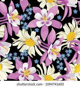 Floral vector seamless background. Botanical wallpaper. Summer flowers on a black background. Vintage flowers pattern. Spring flowers print design.