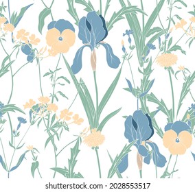 Floral vector seamless background. Irises, dandelions and meadow flowers on a white background.