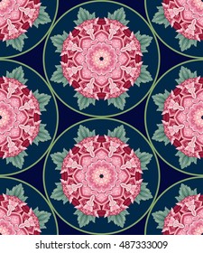 Floral vector seamless background. The motives of the paintings of ancient Indian fabrics. Round ornament with fantastic flowers and leaves. Dark backdrop. Tree of Life collection.