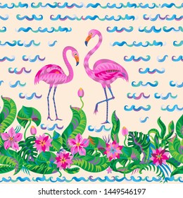 Floral vector seamless border pattern of pink flamingo birds, tropical plants, frangipani flower, hibiscus, palm leaves, water lily lotus on a light beige background. Wallpaper fringe, textile print