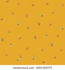 Floral vector seamless hand-drawn pattern. Very small flowers in warm colors. Nostalgic fashion textiles in retro style on a dark yellow background.