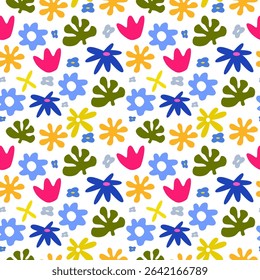 Floral vector seamless pattern. Abstract flowers, leaves elements. Pattern design for prints, decor, textile. Floral doodle background. Nature trendy shapes wallpaper
