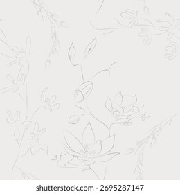 Padrão sem emenda de vetor floral. Resumo, papel de parede e fundo com linhas finas e flores. 