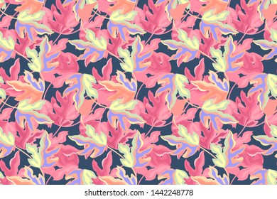 Floral vector seamless pattern with autumn leaves. Colorful leaves isolated on navy blue background. For fabric, home and kitchen textile, wallpaper design, wrapping paper, surface design.