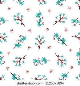 Floral Vector Seamless Pattern. Background with Plant. Doodle Branches with Leaves, Flowers and Berries