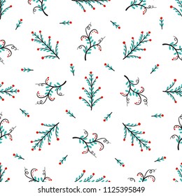 Floral Vector Seamless Pattern. Background with Plant. Doodle Branches with Leaves, Flowers and Berries