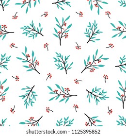 Floral Vector Seamless Pattern. Background with Plant. Doodle Branches with Leaves, Flowers and Berries