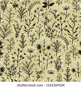 Floral Vector Seamless Pattern. Background with Plant. Doodle Branches with Leaves, Flowers and Berries