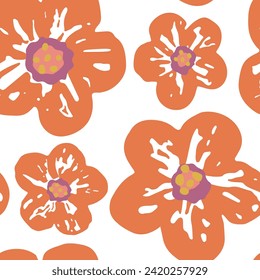 Floral vector seamless pattern. Big peach colored flowers isolated on white. Cute modern abstract flowers hand drawn with brush texture. Summer floral background for textile, fabrics, wallpaper