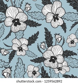 Floral Vector seamless pattern with black and white pansies on blue background. Retro Vintage style pattern.