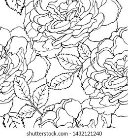 Floral vector seamless pattern with black line flower. Printable seamless coloring book pages. Coloring sheets. Botanical design of wedding invitation, postcards, posters, templates, bridal card.
