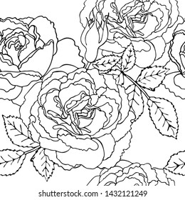 Floral vector seamless pattern with black line flower. Printable seamless coloring book pages. Coloring sheets. Botanical design of wedding invitation, postcards, posters, templates, bridal card.