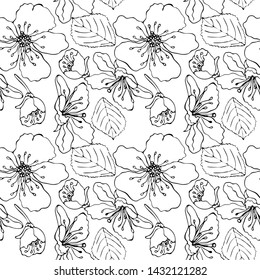 Floral vector seamless pattern with black line flower. Printable seamless coloring book pages. Coloring sheets. Botanical design of wedding invitation, postcards, posters, templates, bridal card.