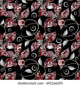 Floral vector seamless pattern. Black flourish background wallpaper illustration with abstract ornamental red white 3d flowers, leaves and swirl curve line art ornaments.  Perfect for fabric, prints
