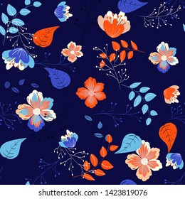 Floral vector seamless pattern with blooming abstract flowers on blue background. 