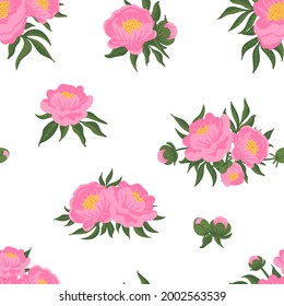 Floral vector seamless pattern with blooming peony flowers, buds, bouquet, garland, leaves. Vintage hand drawn background for decoration, wrapping, textile, fabric.