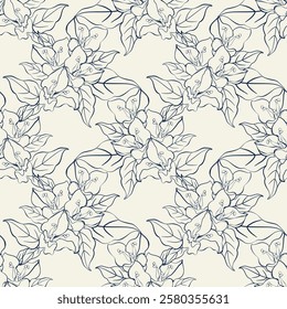 Floral vector seamless pattern. With blue hand draw outline on cream background. Design for fabric, background, decorative, textile, wallpaper, wrapping paper.