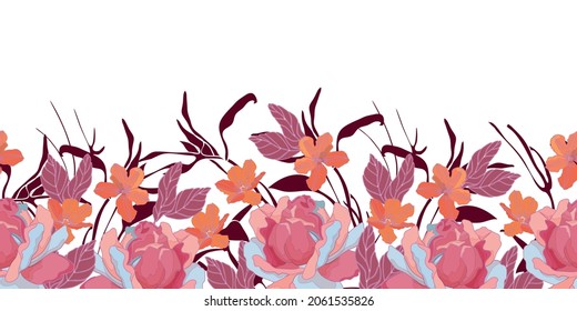 Floral vector seamless pattern, border. Pink, blue, orange color flowers isolated on a white background. Curly brown twigs with maroon leaves.