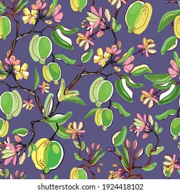 Floral vector seamless pattern. Botanical wallpaper. Plants, lemon, flowers backdrop. Drawn nature vintage wallpaper. Lemons, flower blooming garden. Design for fabric, textile, paper