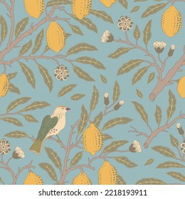 Blumenvektornahtloses Muster. Botanische Tapete. Pflanzen, Vögel. Vintage Tapete mit gemalter Natur. Zitronen, Blumen, ein blühender Garten. Design für Gewebe, Textilien, Papier.