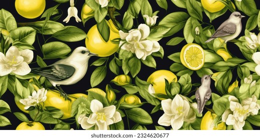 Floral vector seamless pattern. Botanical wallpaper. Plants, birds flowers backdrop. Drawn nature vintage wallpaper. Lemons, flowers, hummingbirds, blooming  ,