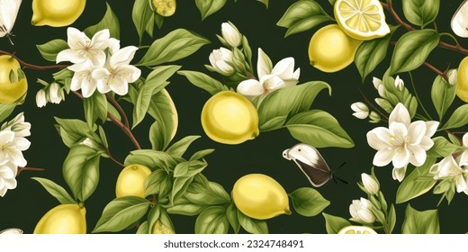 Patrón sin fisuras del vector floral. Papel de pared botánico. Plantas, pájaros y flores de fondo. Papel pintado de la naturaleza. Lemones, flores, colibríes, floración,