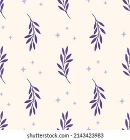 Floral vector seamless pattern. Branch and stars on beige background. Modern drawing. Creative botanical fabric print, wrapping paper, textile design, apparel, cover, scrapbooking.