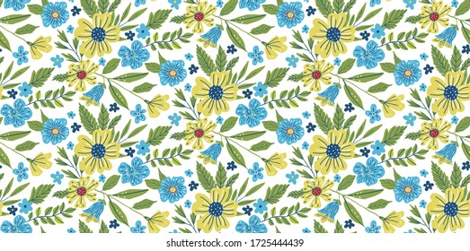 Floral vector seamless pattern with bright and summery colors. Nature inspired background design