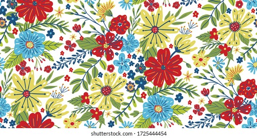 Vector floral sin fisuras con colores brillantes y veraniegos. Diseño de fondo inspirado en la naturaleza.