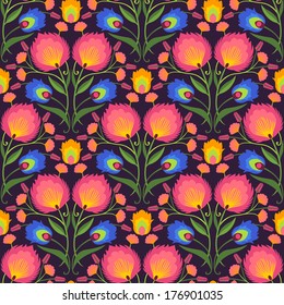 Floral vector seamless pattern. Bright red and blue flowers on dark background