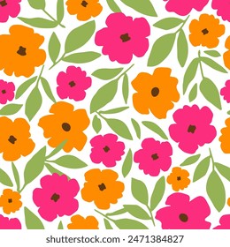 Floral vector seamless pattern. Bright orange, pink flowers, green leaves on a white background. For fabric prints, textile products, summer clothes.