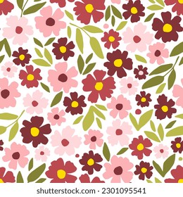 Floral vector seamless pattern. Burgundy, pink flowers, green foliage on a white background. For fabric prints, textiles, clothing. Spring-summer collection.