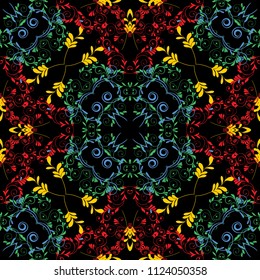 Floral vector seamless pattern. Colorful elegance flourish background. Ornamental patterned decorative design. Beautiful tender flowers, leaves, swirls. Flowery ethnic style ornaments. Endless texture