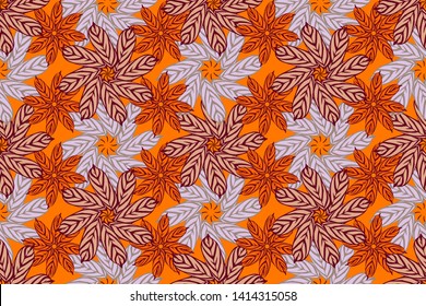 Floral vector seamless pattern. Colorful flowers from leaves. Isolated elements on orange background.